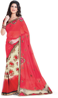 

Indianbeauty Printed, Embroidered Bollywood Georgette Saree(Red, Beige), Beige;red