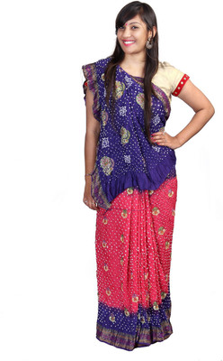 

KAJCI Embroidered Bandhani Silk Saree(Red, Blue), Red6