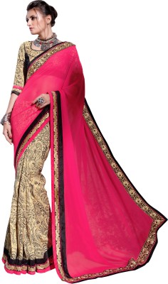 

Khushali Self Design, Embroidered, Embellished Fashion Georgette Saree(Pink, Beige, Black, Beige;black;pink