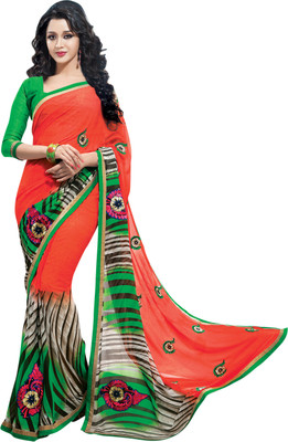 

Saara Floral Print, Self Design Daily Wear Georgette Saree(Orange, Green), Green;orange