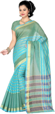 

Ishin Striped Fashion Cotton Saree(Blue)
