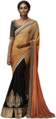

Vandv Shop Printed Fashion Handloom Georgette Saree(Black), Black;cream;orange