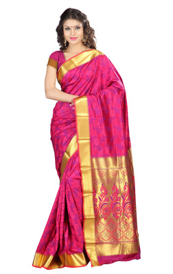 

Varkala Silk Sarees Woven Kanjivaram Jacquard Saree(Pink, Purple), Rani