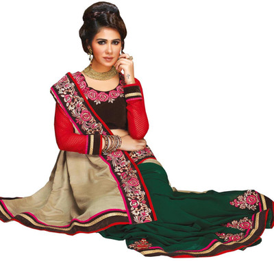 

Lovelylook Embroidered Daily Wear Georgette Saree(White, Green), Cream & dark green