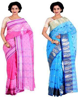 

Purabi Woven Tangail Cotton Saree(Pack of 2, Pink, Blue), Blue;pink
