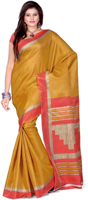 

Cenizas Solid Fashion Art Silk Saree(Gold, Red)
