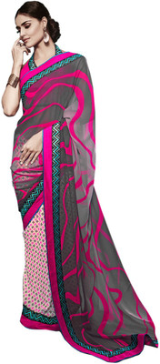 

Vandv Shop Printed Fashion Handloom Georgette Saree(Grey), Grey;pink