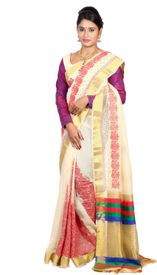 

Mimosa Woven Kanjivaram Raw Silk Saree(White), Half white
