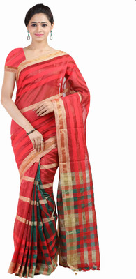 

Kanheyas Checkered Fashion Cotton, Silk Saree(Red)