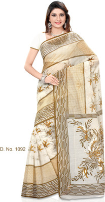 

Indianbeauty Striped, Printed Fashion Cotton Saree(Beige)