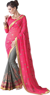 

Khoobee Self Design, Embroidered, Embellished Fashion Georgette, Chiffon Saree(Pink, Grey), Grey;pink