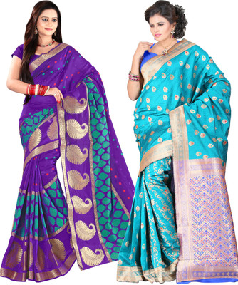

It's Banii Woven Banarasi Handloom Banarasi Silk Saree(Pack of 2, Purple, Blue), Blue;purple