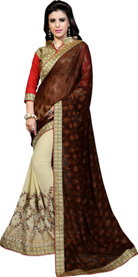 

Khoobee Self Design, Embroidered, Embellished Fashion Georgette, Jacquard Saree(Brown, Beige, Red), Beige;brown;red