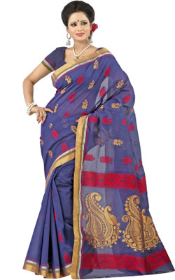 

Mimosa Woven Kanjivaram Handloom Cotton Saree(Blue), Navy blouse