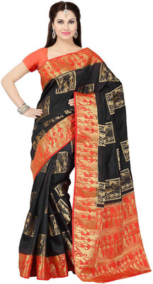 

Ishin Woven Fashion Tussar Silk Saree(Black), Black & orange