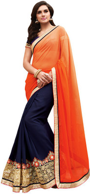 

Desi Butik Embroidered Fashion Georgette Saree(Orange, Blue), Orange and blue