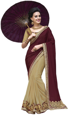 

Desi Butik Embroidered Fashion Chiffon, Lycra Saree(Purple, Beige), Wine and beige