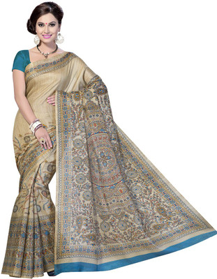 

Rani Saahiba Printed Bhagalpuri Art Silk Saree(Beige), Blue