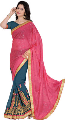 

Khoobee Self Design, Embroidered, Embellished Fashion Georgette, Lycra Saree(Pink, Light Blue), Light blue;pink