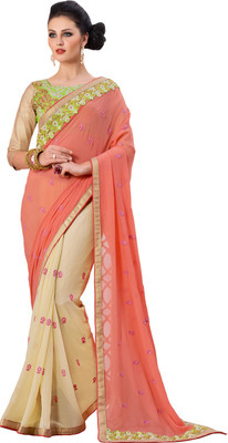 

Lovelylook Embroidered Daily Wear Georgette Saree(Pink, White), Peach & cream