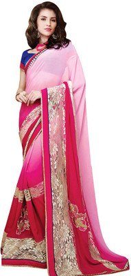 

Desi Butik Embroidered Fashion Georgette Saree(Pink, Red), Pink and red