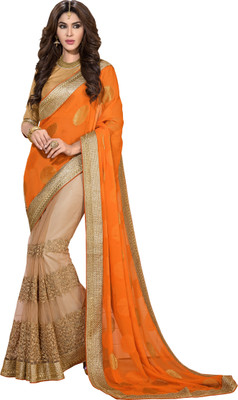 

Jiya Self Design, Embroidered Fashion Net Saree(Orange, Beige, Beige;orange