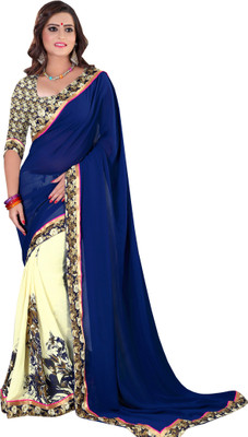Indianbeauty Self Design, Printed Bollywood Georgette Saree(Blue, Beige), Beige;blue