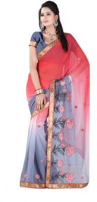 

Khushali Embroidered Fashion Chiffon Saree(Red, Grey), Grey;red