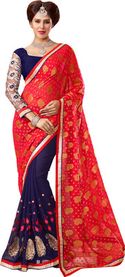 

Lovelylook Embroidered Fashion Georgette Saree(Multicolor), Navy blue;red