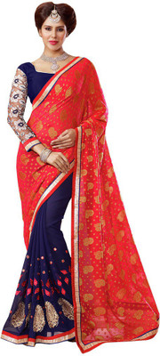 

Manthan Embroidered Fashion Georgette, Jacquard Saree(Red, Dark Blue, Red & navy blue