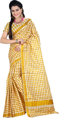 

Vastrakala Checkered Fashion Cotton Saree(Beige, Gold)