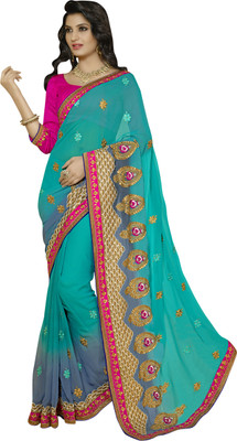 

Khoobee Embellished, Embroidered, Self Design Fashion Georgette Saree(Light Blue, Green), Green;light blue;turquoise