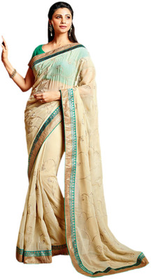 

Vishal Self Design, Solid Fashion Georgette Saree(Beige, Green), Cream
