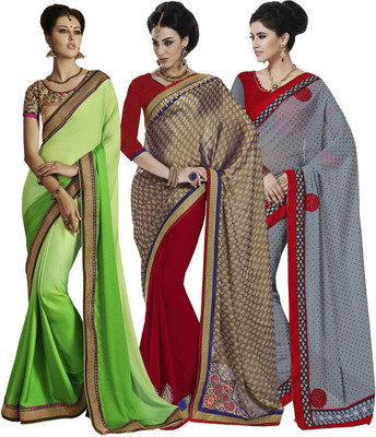Indian Women By Bahubali Embellished Fashion Poly Crepe Saree(Pack of 3, Multicolor)