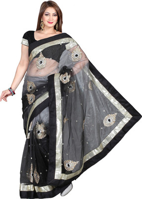 

Ishin Embroidered Fashion Net Saree(Black), Black & gray