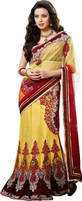 

Khoobee Self Design, Embroidered, Embellished Fashion Net, Satin Saree(Maroon, Yellow)