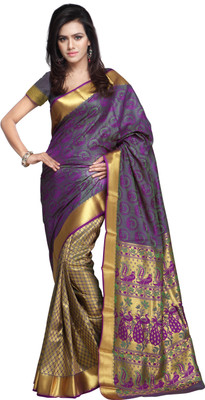 

Varkala Silk Sarees Woven Kanjivaram Silk Saree(Purple, Green), Violet