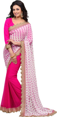 Brijraj Printed Fashion Georgette Saree(Pink, White)