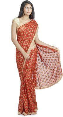 Ethnic Bliss Lifestyles Self Design Phulkari Handloom Chiffon Saree(Red, Multicolor, Multicolor;red