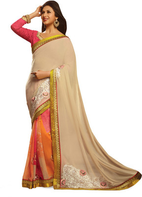 

Indianbeauty Self Design, Embroidered Bollywood Pure Georgette Saree(Beige, Orange)