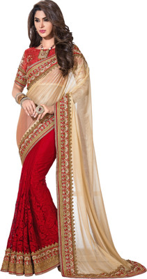 

Khushali Self Design, Embroidered, Embellished Fashion Net, Lycra Saree(Beige, Red)