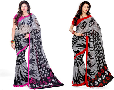 

EthnicQueen Floral Print Fashion Georgette Saree(Pack of 2, Black)