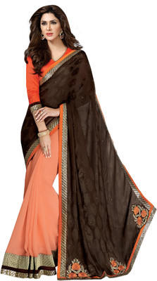 Parisha Embroidered Fashion Georgette, Satin, Jacquard Saree(Orange)