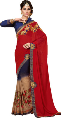 

Khushali Self Design, Embroidered, Embellished Fashion Georgette Saree(Beige, Blue, Red)