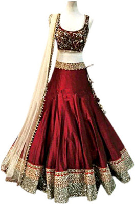 

Cartyshop Embroidered Lehenga Saree Velvet Saree(Orange, White), Maroon