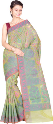 

Chandrakala Self Design Banarasi Cotton Saree(Green, Purple), Light green