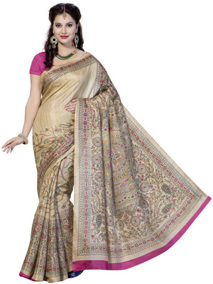 

Rani Saahiba Printed Bhagalpuri Art Silk Saree(Beige), Pink