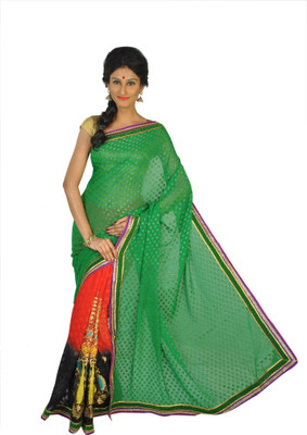 

Abacus Embroidered Bollywood Handloom Georgette Saree(Green, Red, Black), Black;green;red