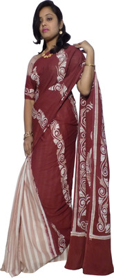 

KheyaliBoutique Graphic Print Hand Batik Cotton Saree(Brown, White)