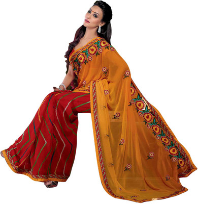 

Jiya Self Design, Embroidered, Embellished Fashion Georgette Saree(Orange, Red)